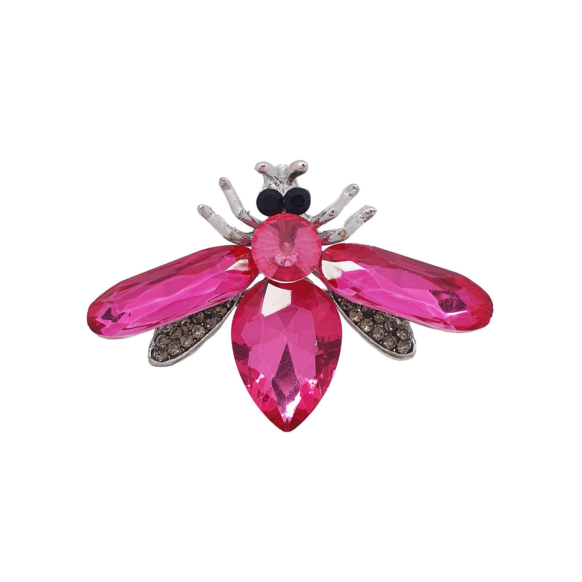 Bright pink butterfly brooch with faceted crystals and silver-tone legs, white background