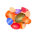 Round brooch with oval orange, blue, green and violet enamel patches in gold tone