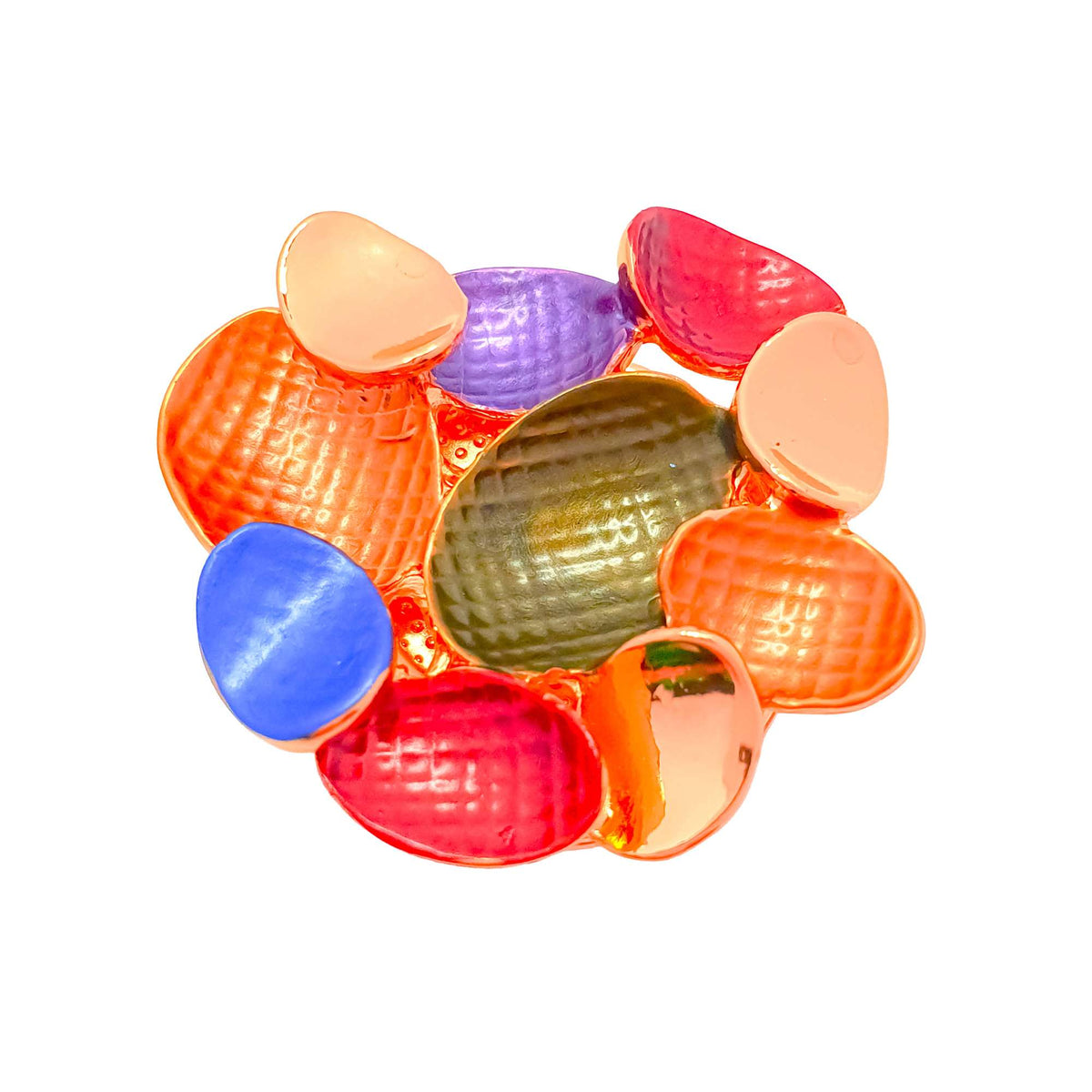 Round brooch with oval orange, blue, green and violet enamel patches in gold tone