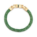 Gold-plated bracelet with three rows of bright green stones and a rectangular clasp