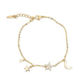 Gold-plated chain bracelet with star and moon charms, one set with cubic zirconia