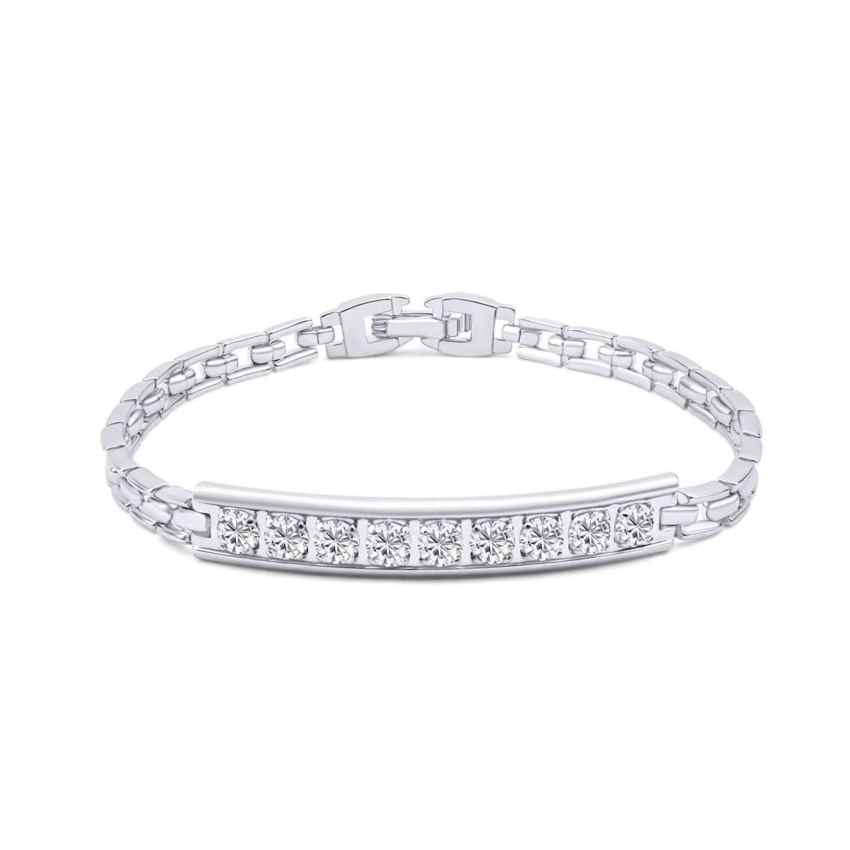 Silver-tone bracelet with nine white cubic zirconia in a central band and link chain