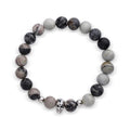 Bracelet of grey and black 10 mm natural stone beads with a silver-tone skull