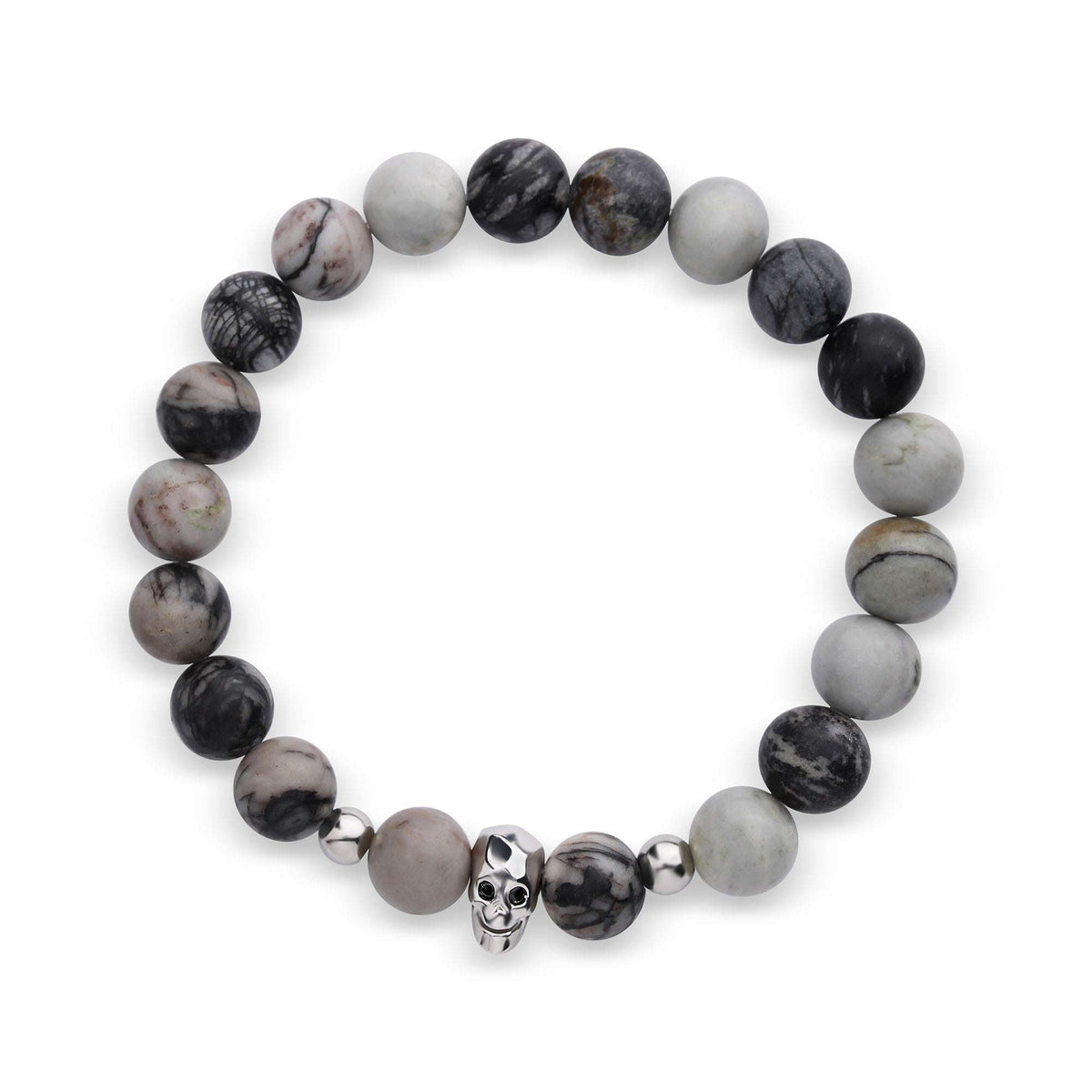 Bracelet of grey and black 10 mm natural stone beads with a silver-tone skull