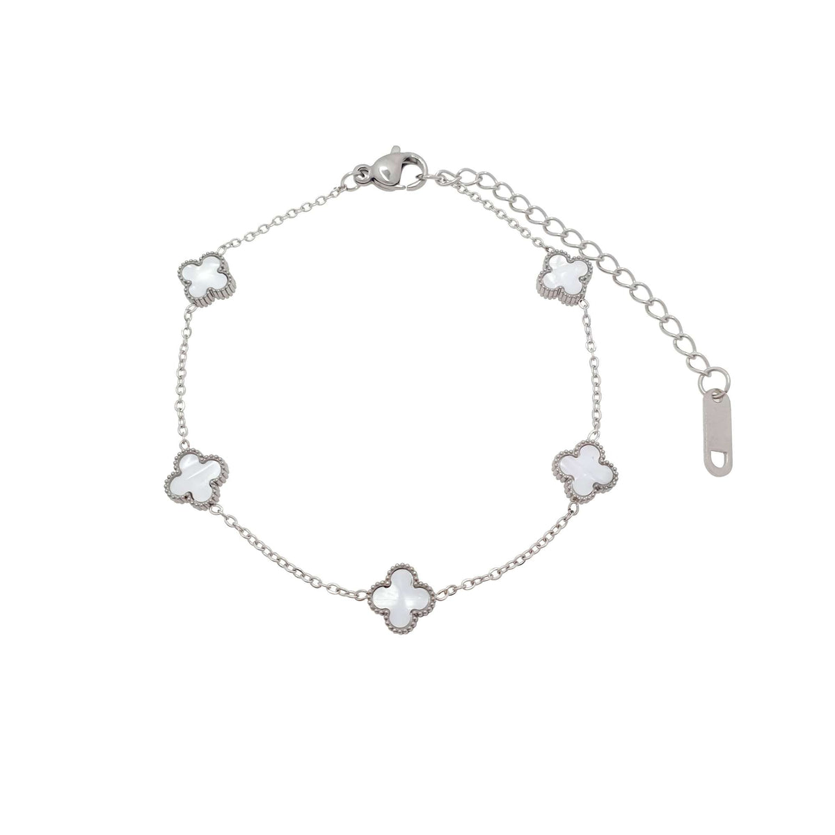 Silver-tone chain bracelet with five white enamel clovers and lobster clasp