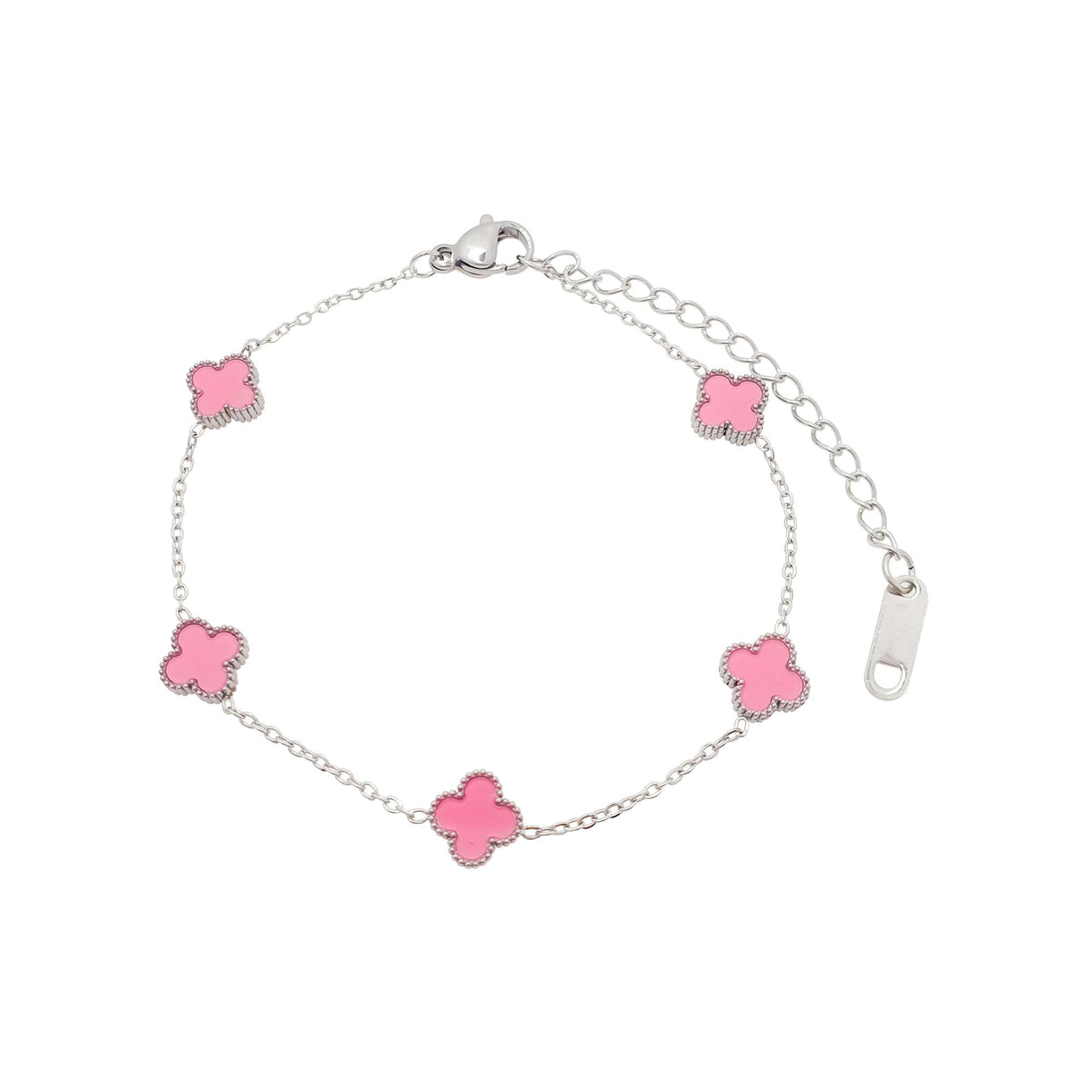Bracelet with five pink clovers, a lobster clasp and an extension chain