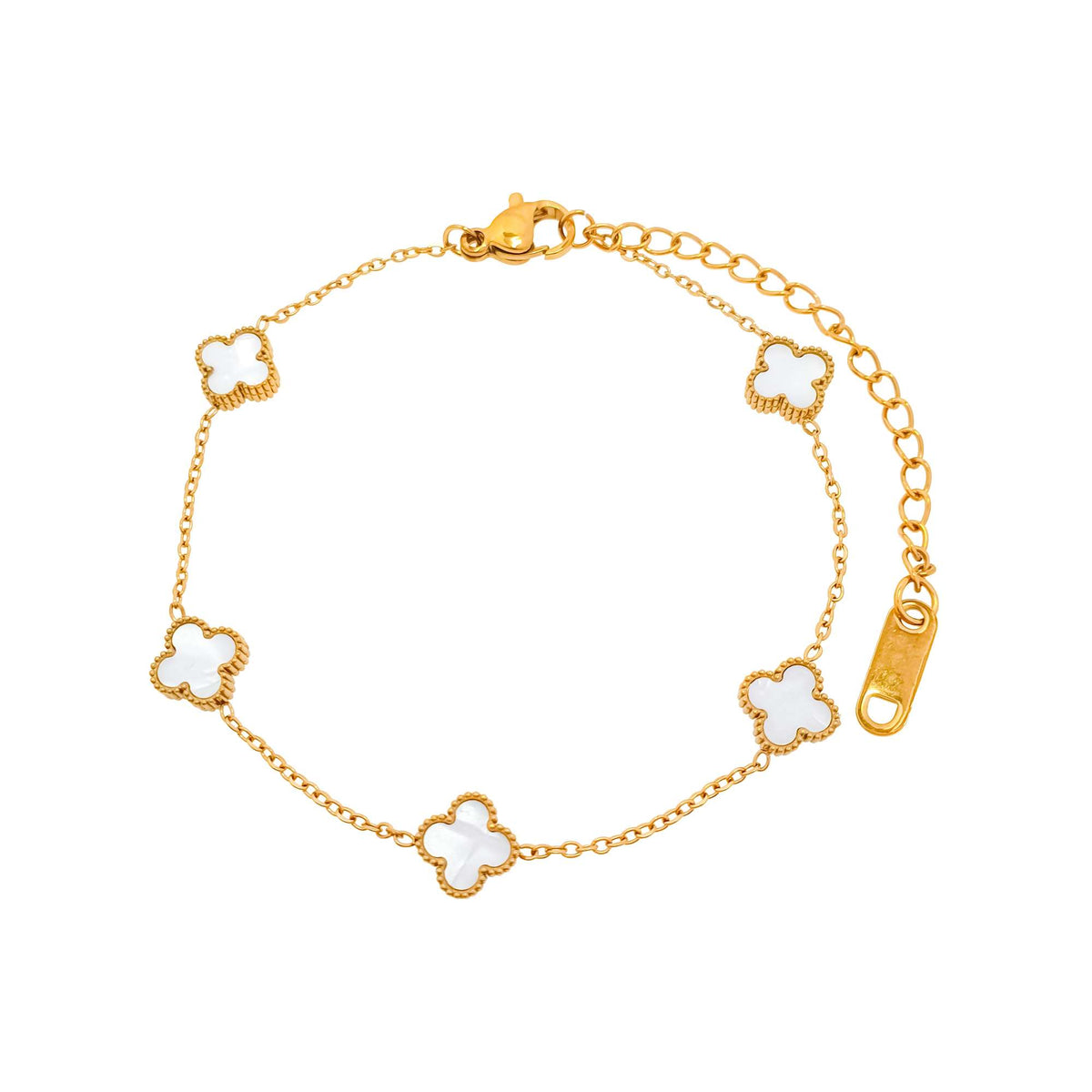 Gold-plated bracelet with five white clover elements and lobster clasp