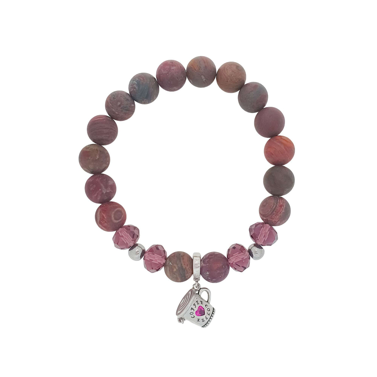 Matte agate bead bracelet with violet crystals and a silver-tone coffee cup charm