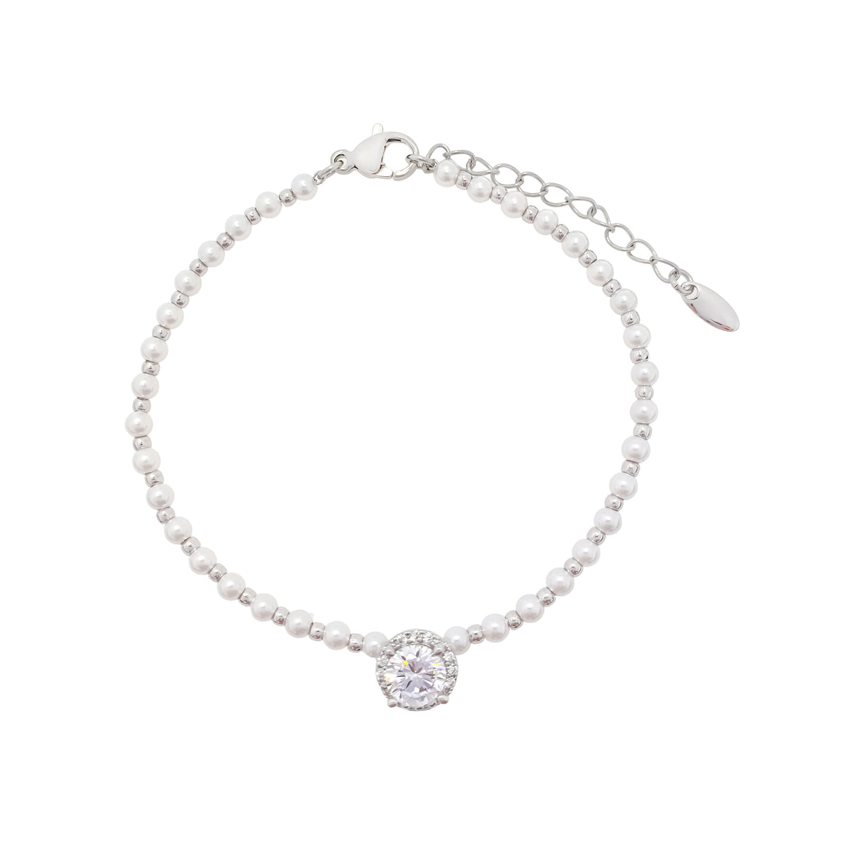 Faux pearl bracelet with a round silver-tone cubic zirconia and adjustable chain