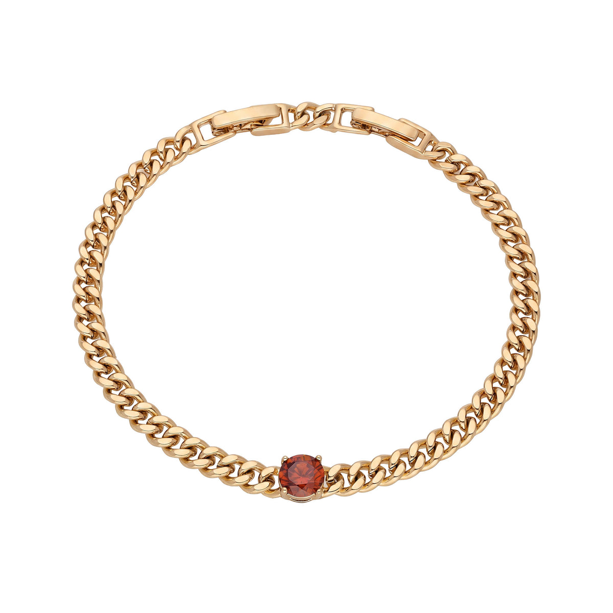 Gold-tone curb chain bracelet with a red cubic zirconia set in the links
