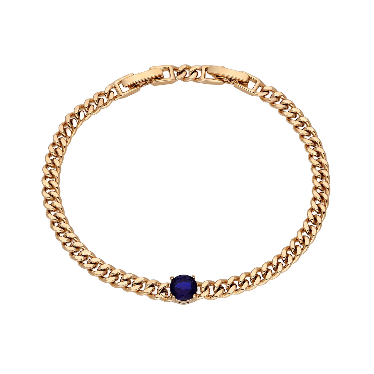 Curb chain bracelet with a dark blue cubic zirconia set in the links