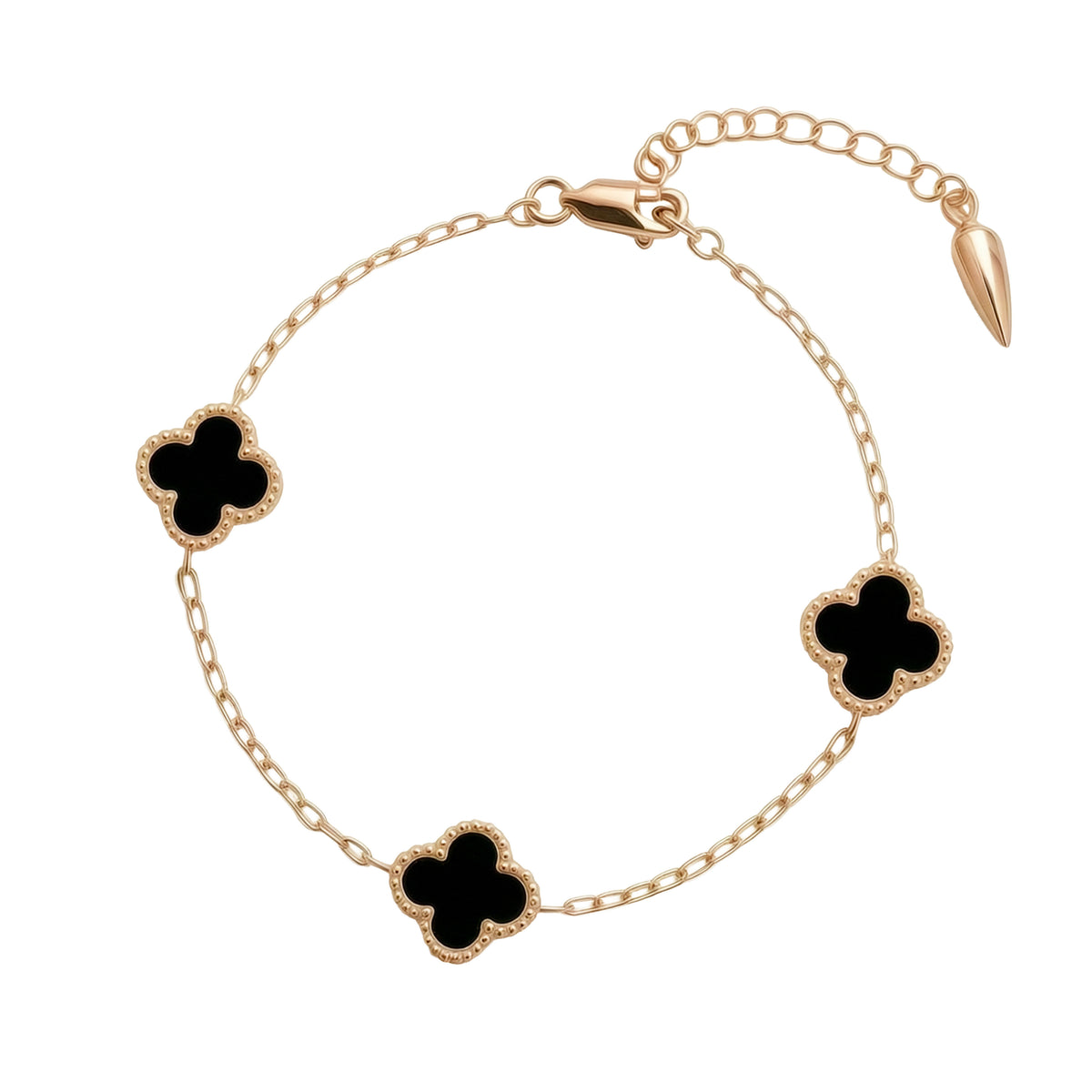 Gold-plated bracelet with three black four-leaf clover motifs