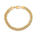 Chunky Cuban-style gold-plated bracelet with a lobster clasp on a white background