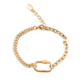 Two-sided gold-plated bracelet with a rectangular carabiner link and two chain weaves