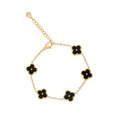 Gold-plated chain bracelet with five black four-leaf clovers and lobster clasp