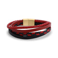 Men's multi-layer leather bracelet in red and black with a gold-tone magnetic clasp