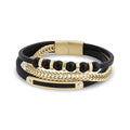 Men's layered leather bracelet with gold-tone chain, black beads and magnetic clasp