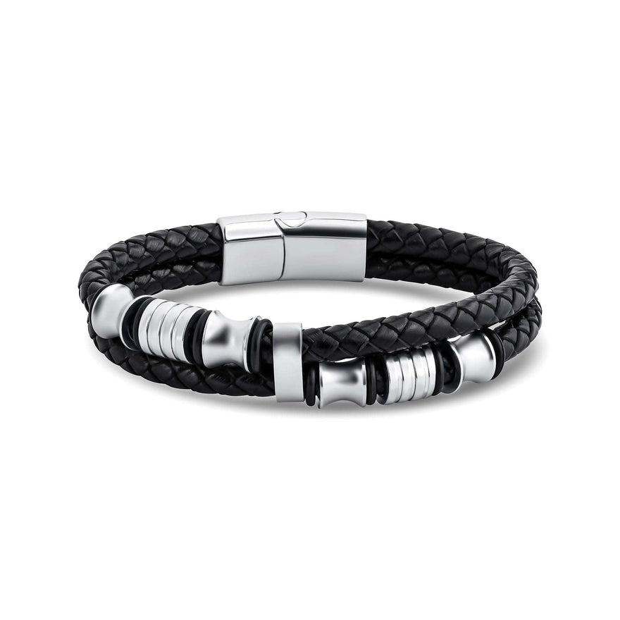 Braided leather and steel bracelet