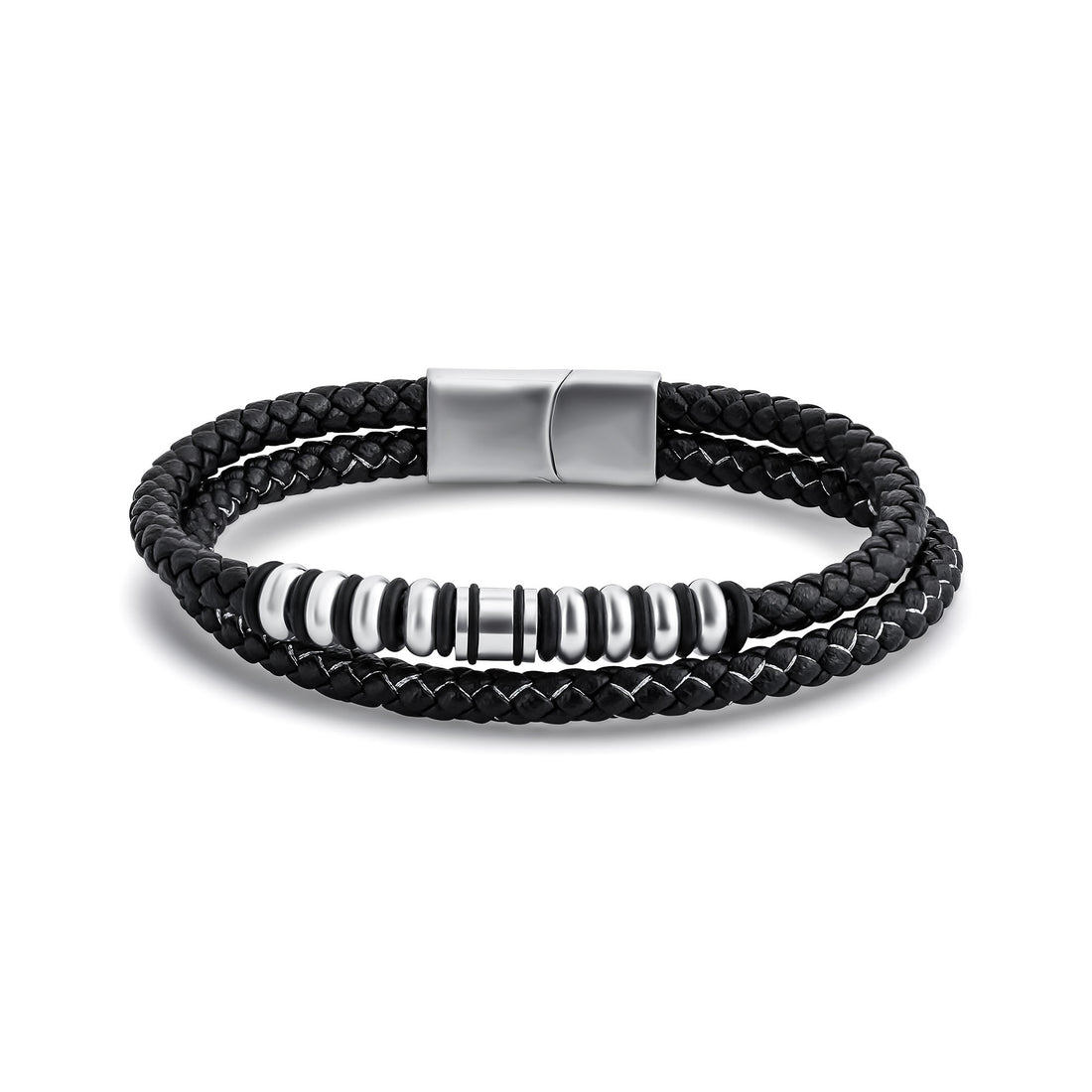 Silver | Men's double braided black leather bracelet with silver-tone beads and magnetic clasp