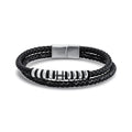 Silver | Men's double braided black leather bracelet with silver-tone beads and magnetic clasp